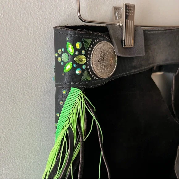 Black Leather Chaps with Green Fringe and Rhinestone Embellishments - Picture 11 of 16